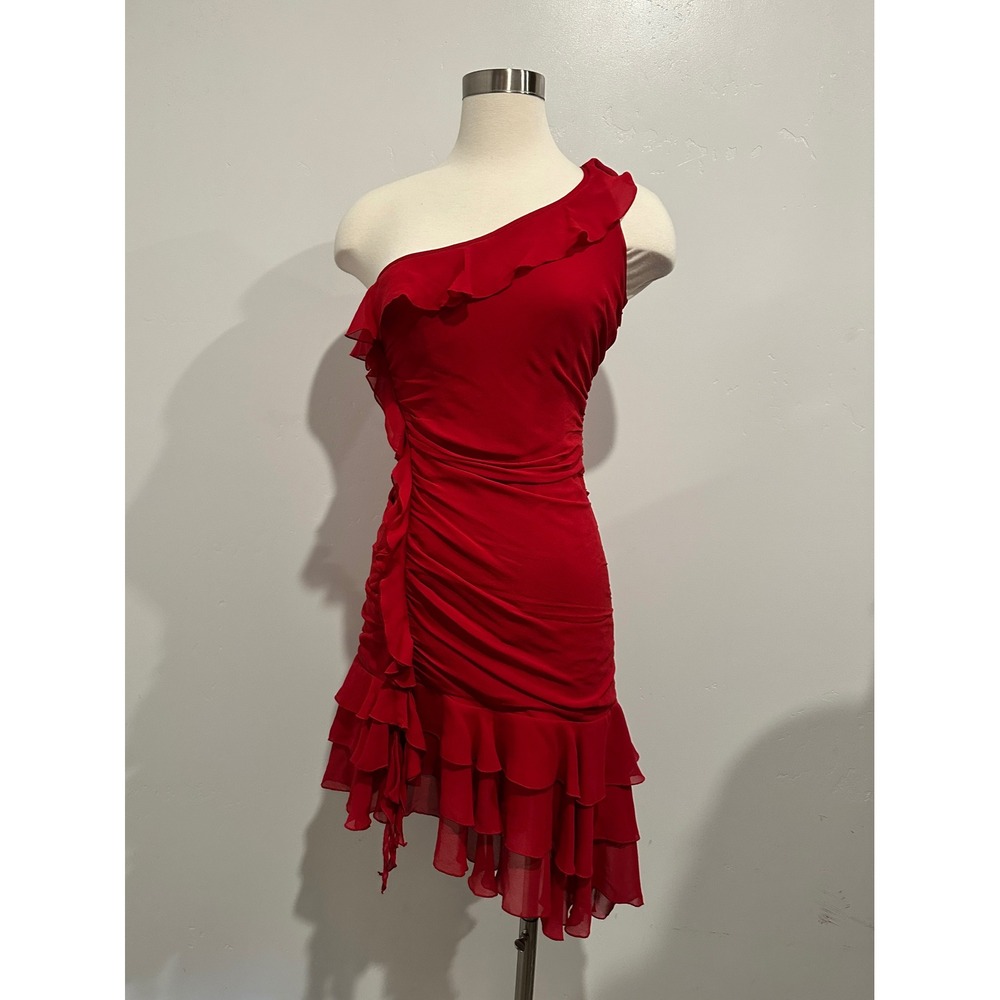 Express Y2K Red Silk Ruffle One Shoulder Dress Size 4